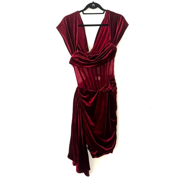 Miss Circle Irisa Burgundy Velvet Draping Off Shoulder Corset Dress Large - Picture 2 of 13